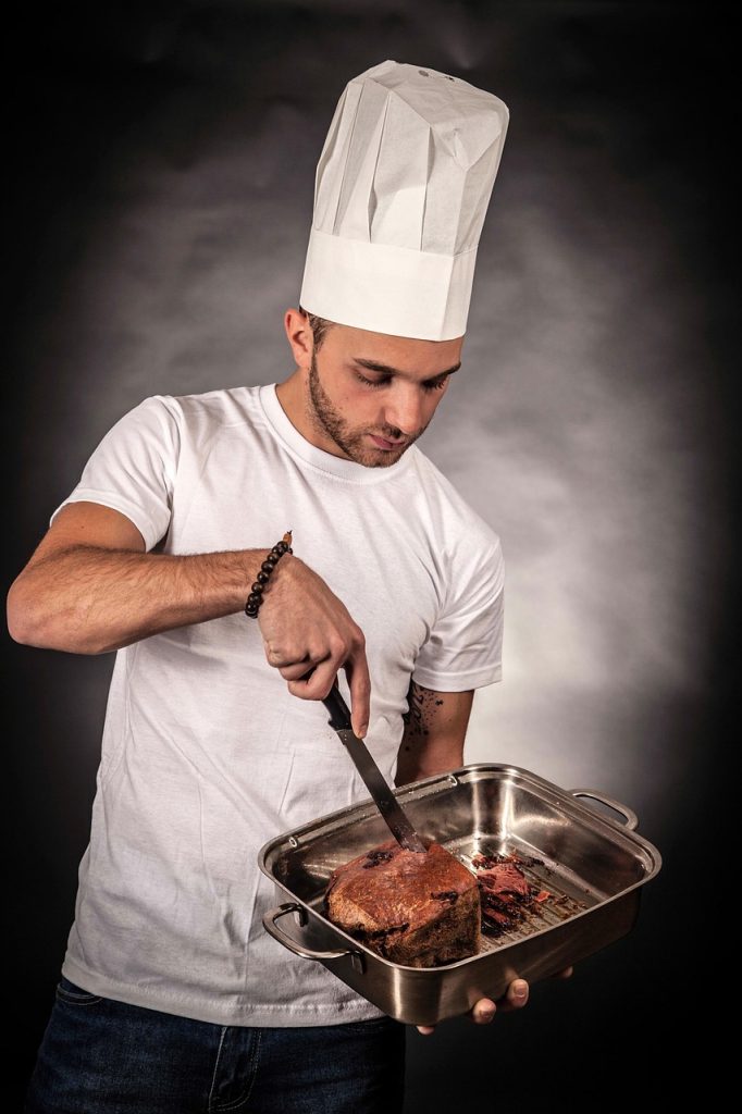 man, cook, cooking, cut, food, meat, pan, preparation, gourmet, chef, chef hat, kitchen, portrait, cook, cooking, chef, chef, chef, chef, chef